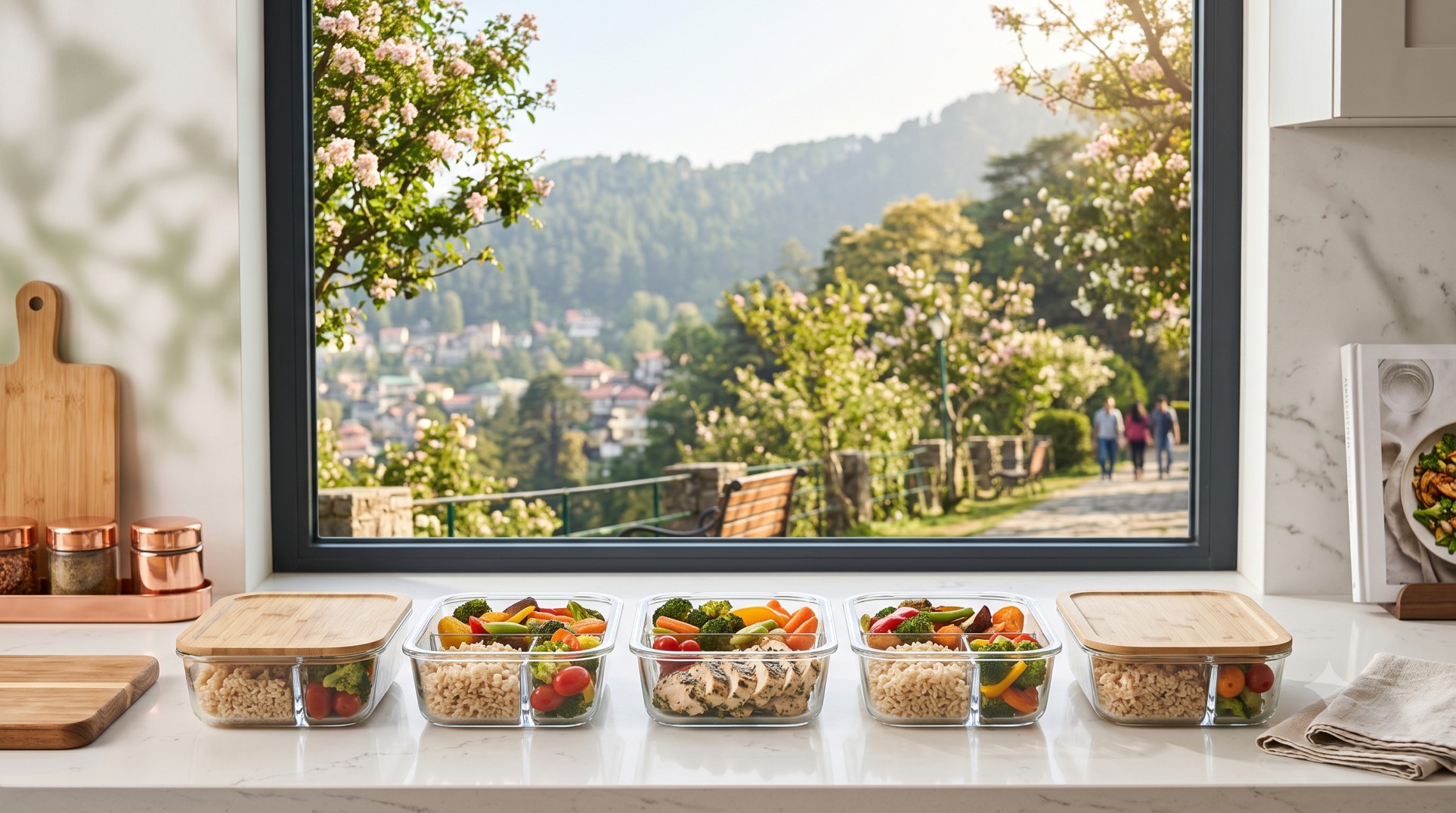 Glass meal prep containers filled with rice, chicken, and vegetables, showing safe leftover food storage.