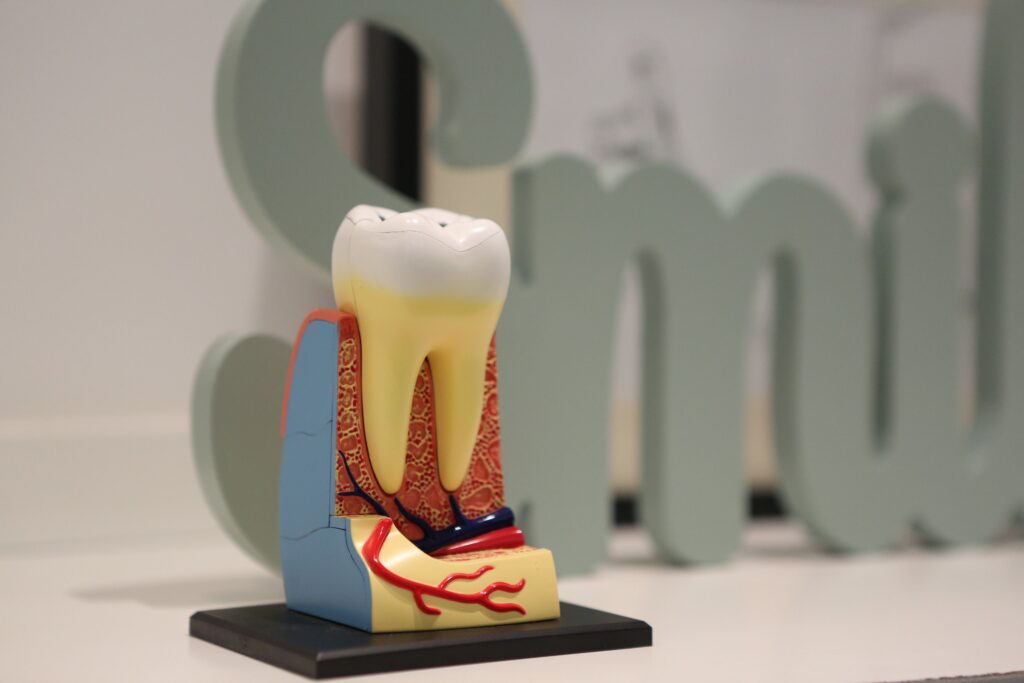 Scientific illustration showing experimental biomimetic enamel regeneration on a damaged human tooth