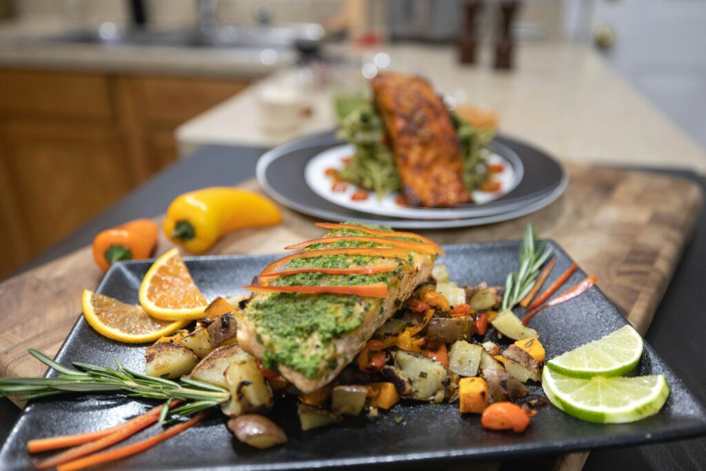 Balanced meal featuring fiber, clean protein, and healthy fats on a dinner plate.