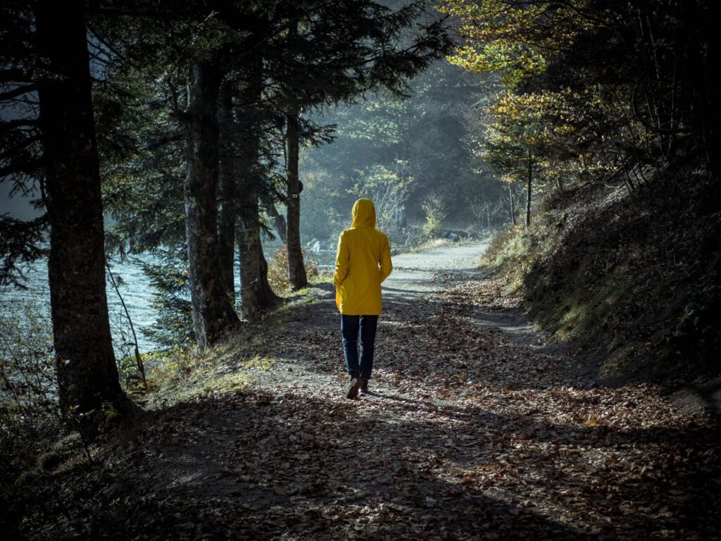 Person walking in nature to lower stress and rebalance cortisol levels.