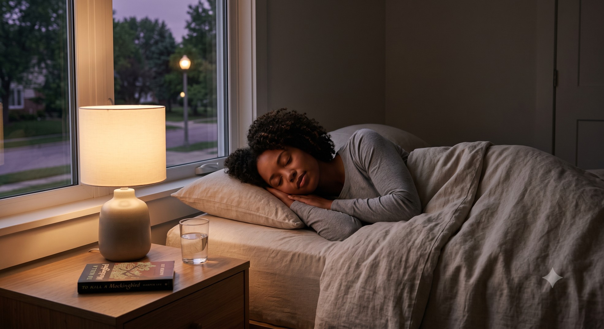 A person resting peacefully in a dim bedroom, depicting healthy evening sleep hygiene and digestion.