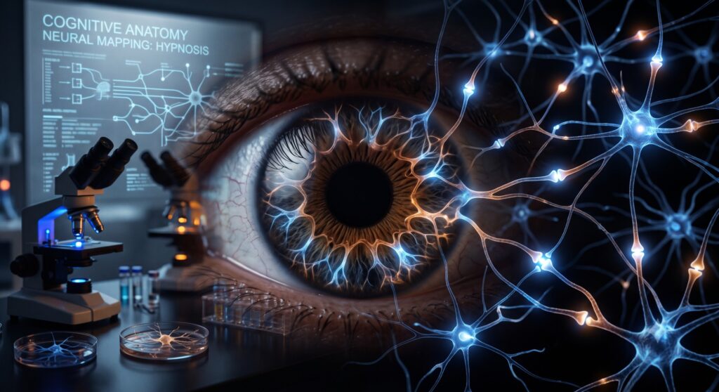 Abstract scientific representation of human biology and neuroanatomy exploring unsolved physiological mysteries.