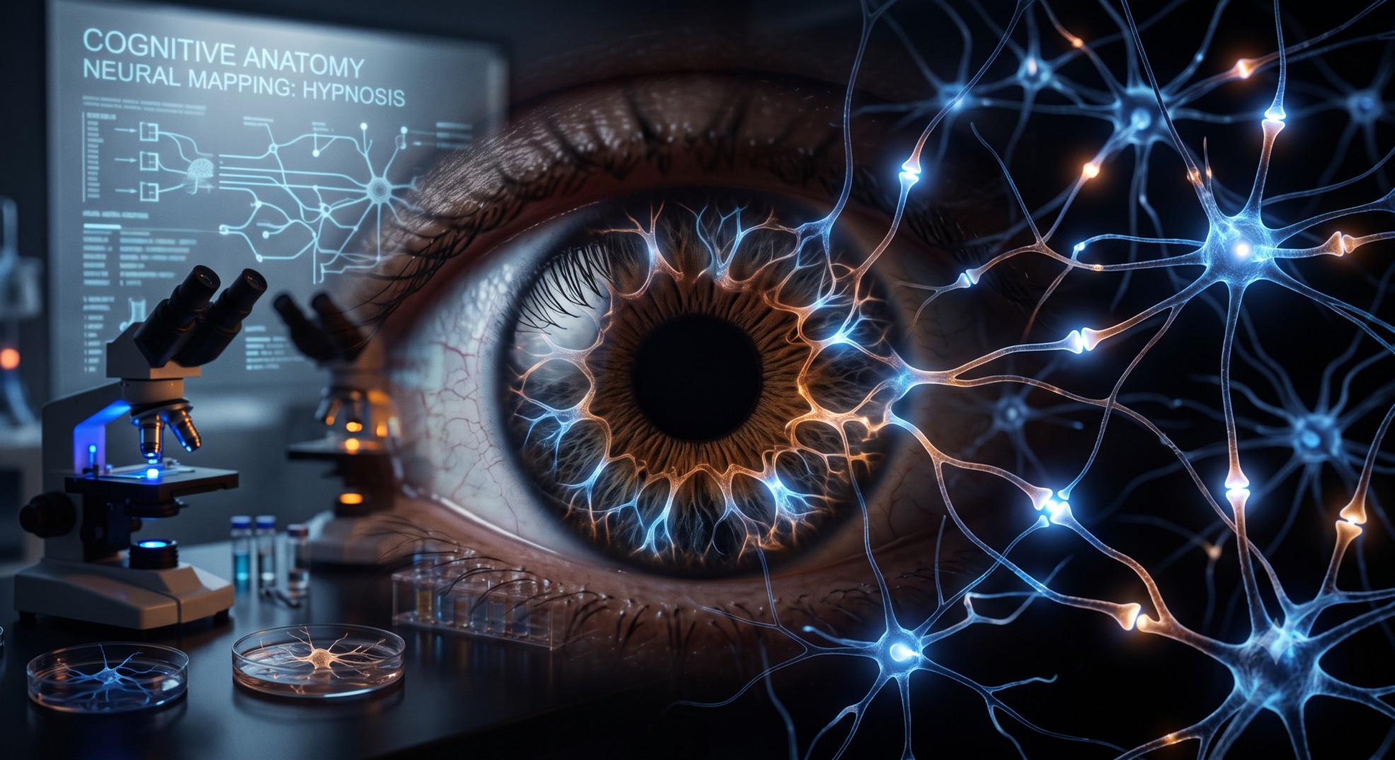 Abstract scientific representation of human biology and neuroanatomy exploring unsolved physiological mysteries.